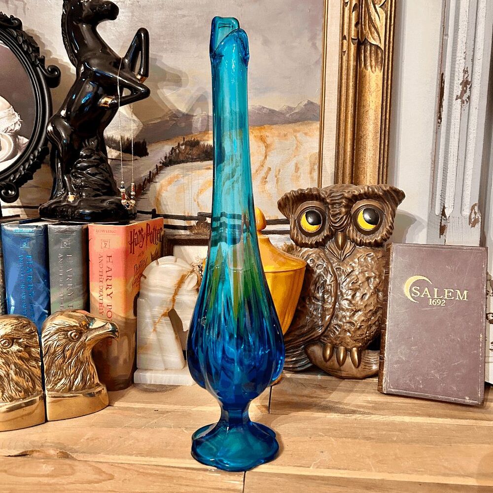 Vintage L.E. Smith Mid Century Six Petal Blue Glass Swung Stretch Tall Vase - 18